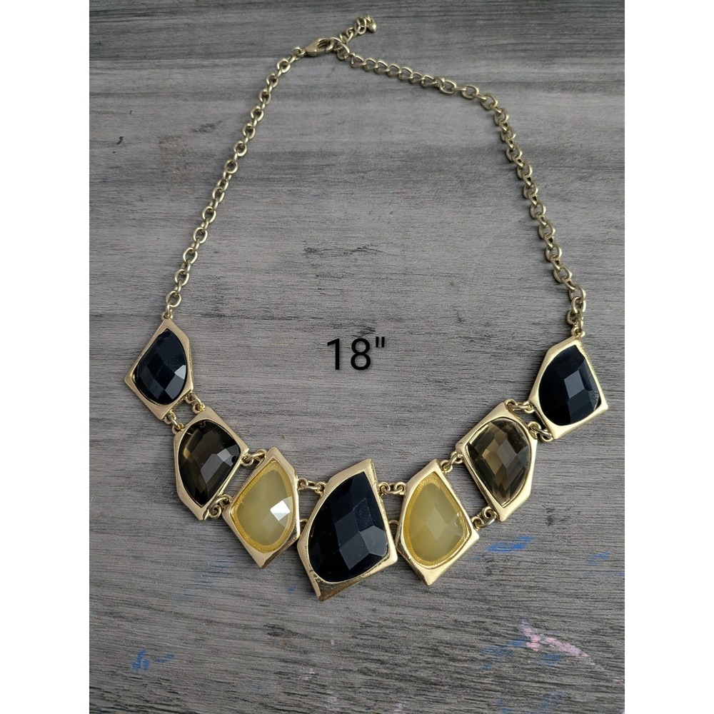 Gold Tone Multi Color Geometric Resin Stone Bib Statement Necklace 18 Inch